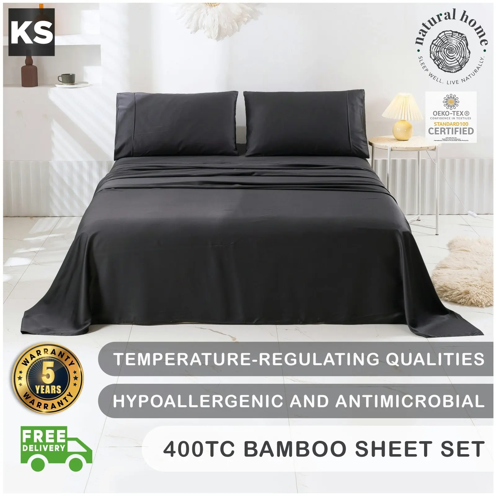 7007289 Natural Home Bamboo Sheet Set KSB CHARCOAL