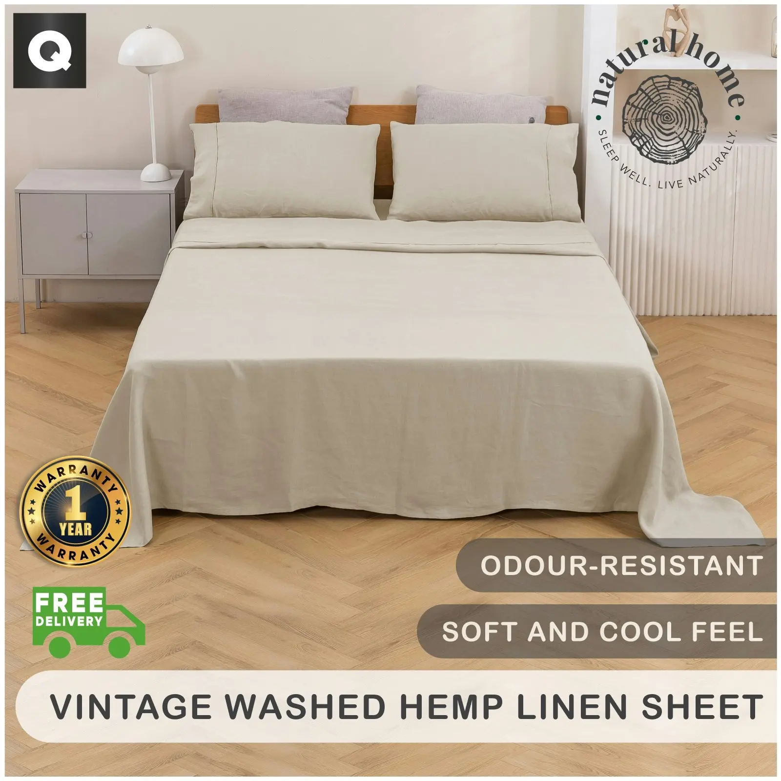 Natural Home Vintage Washed Hemp Linen Sheet Set Oatmeal Queen Bed