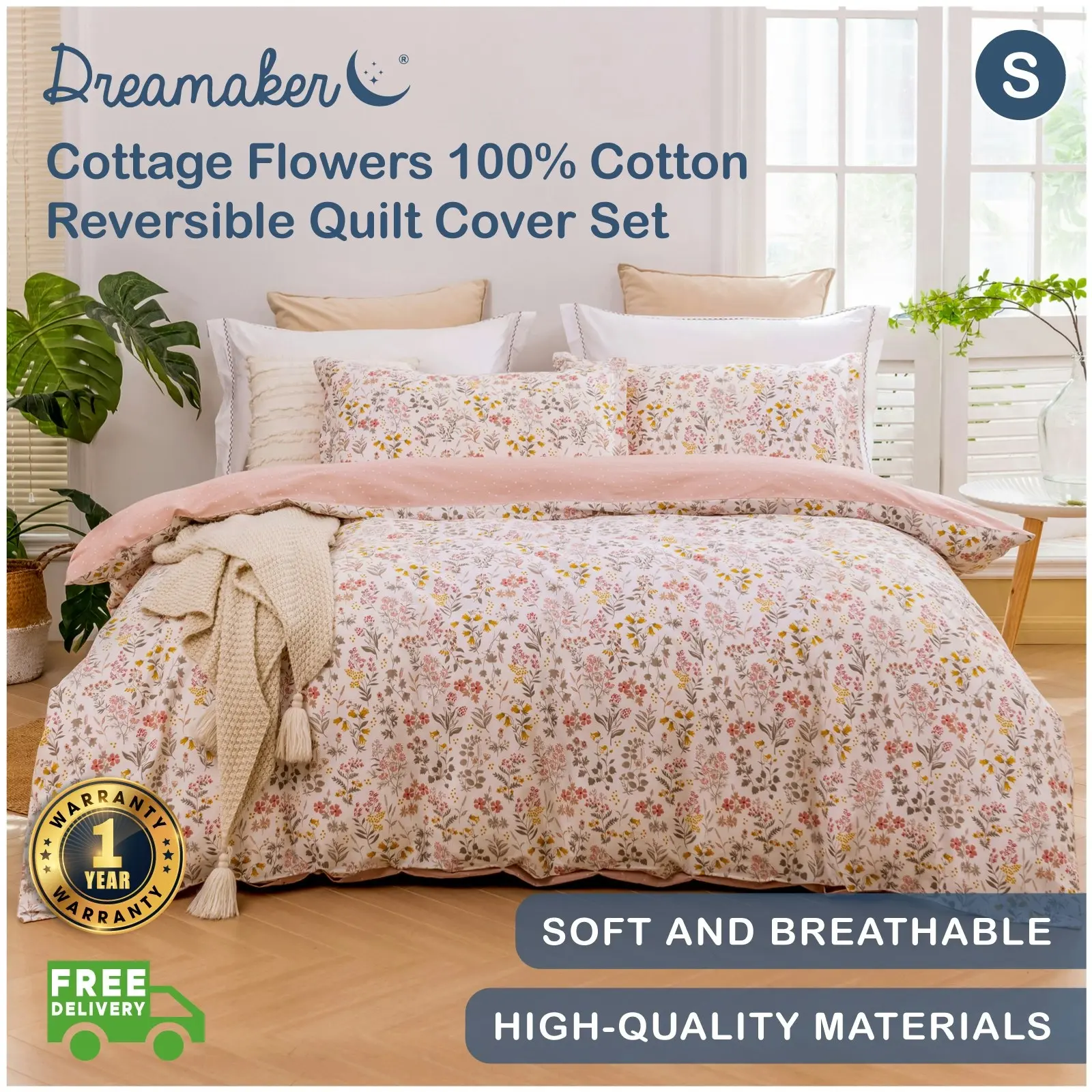 Dreamaker Cottage Flowers 100% Cotton Reversible Quilt Cover Set Pink Single Bed