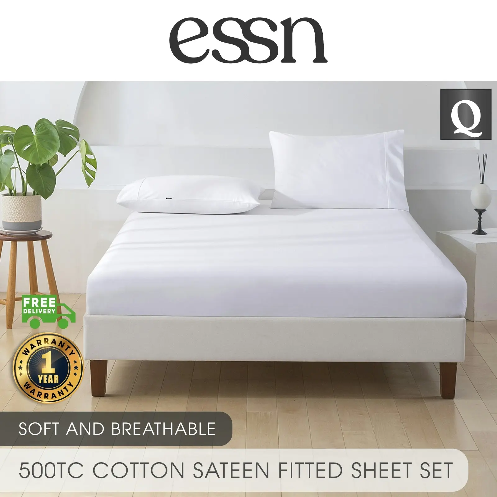 9011906 ESSN 500TC Cotton Sateen Fitted Sheet Set White Queen Bed