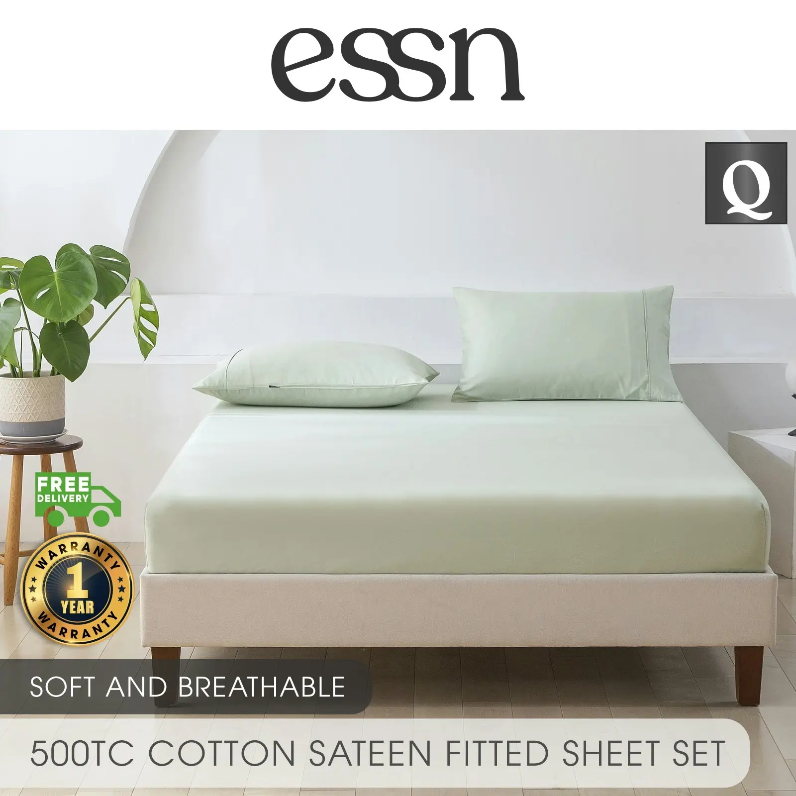 ESSN 500TC Cotton Sateen Fitted Sheet Set Sage Queen Bed