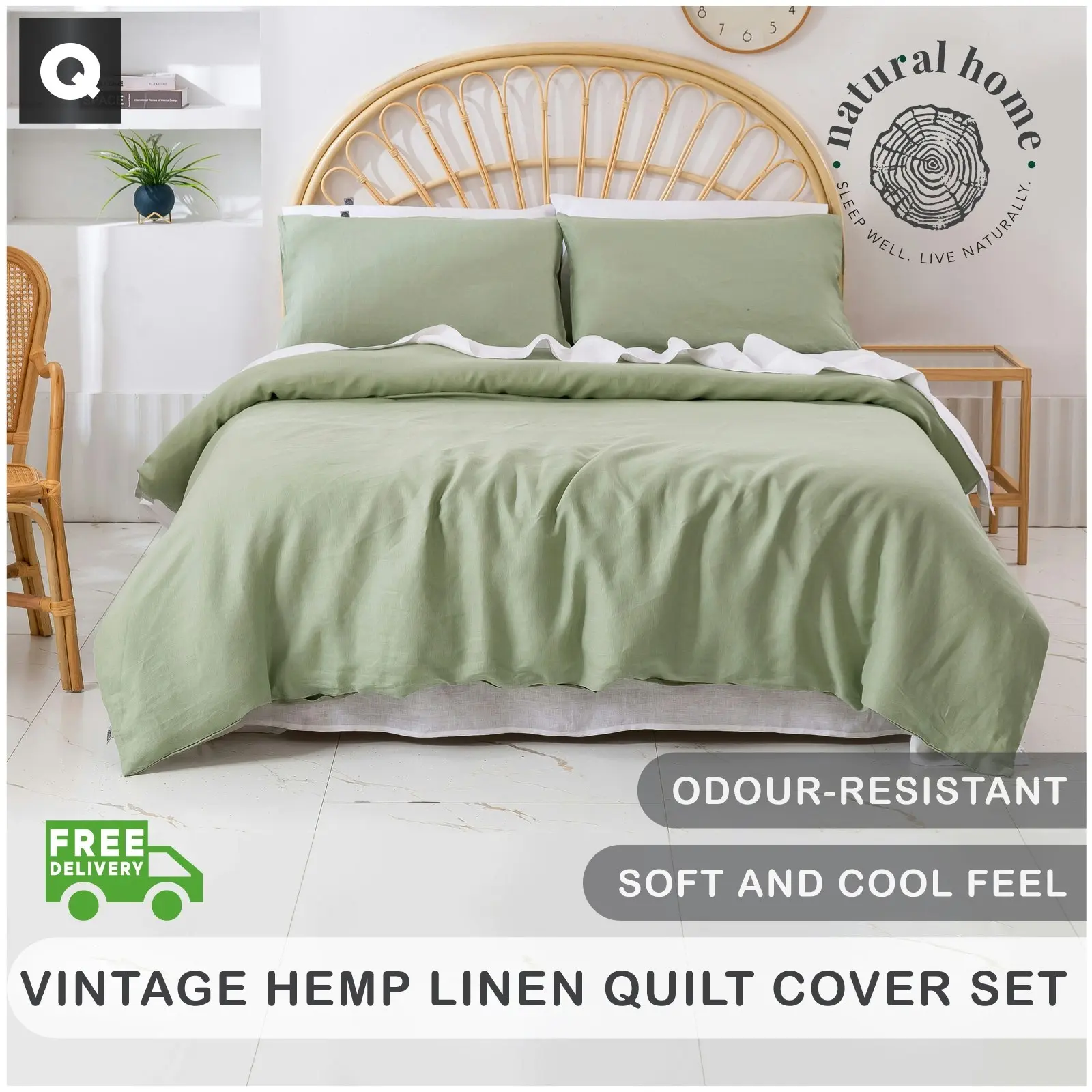 Natural Home Vintage Washed Hemp Linen Quilt Cover Set Sage Queen Bed