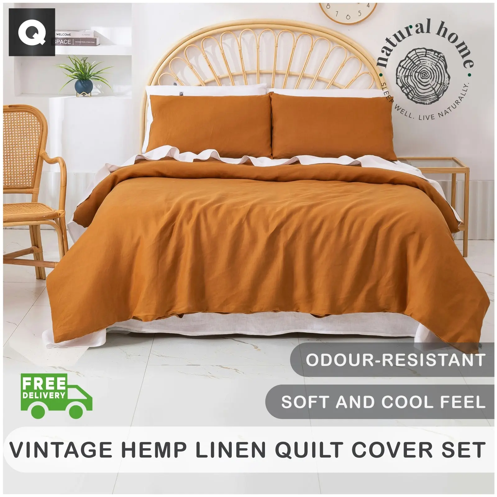 Natural Home Vintage Washed Hemp Linen Quilt Cover Set Rust Queen Bed