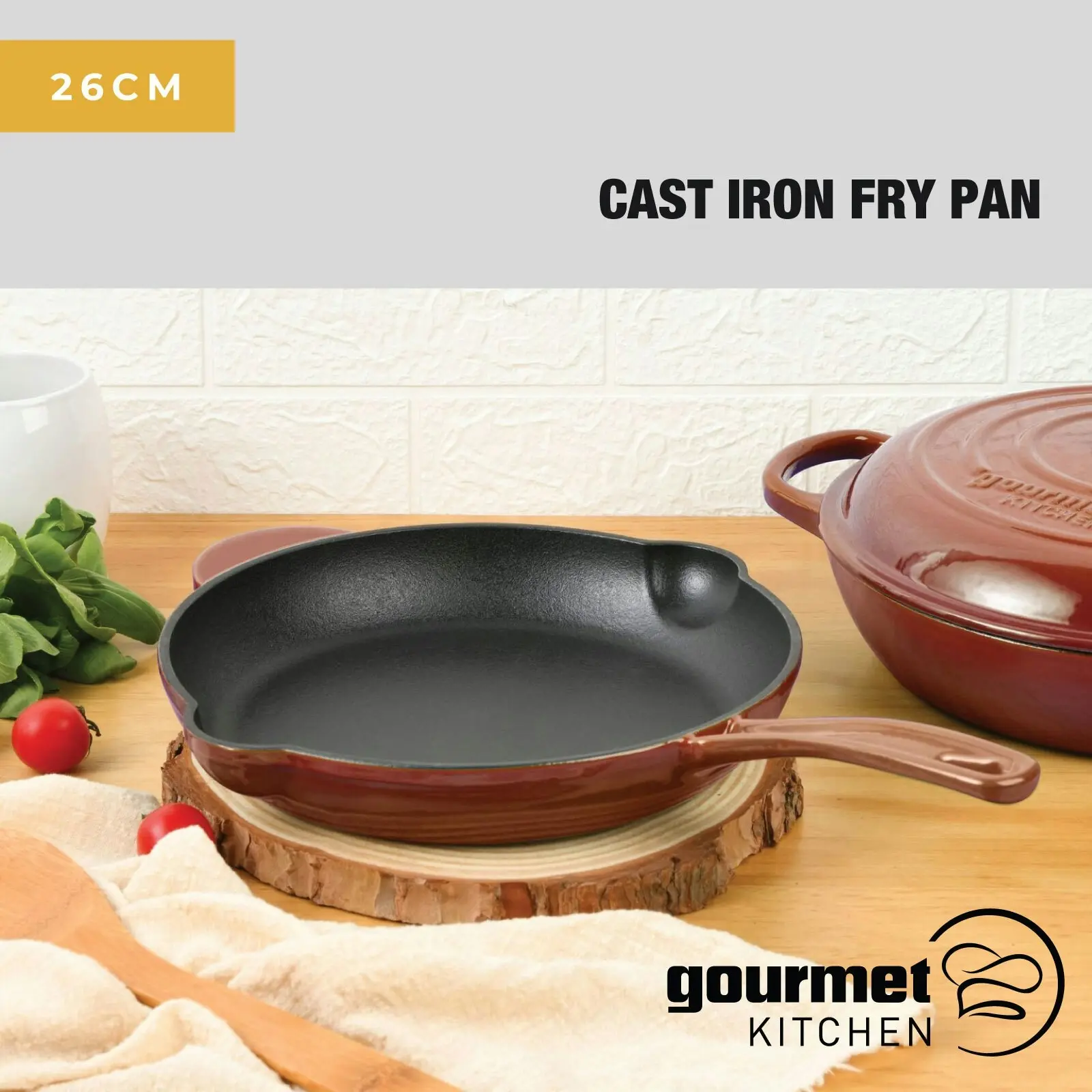 Gourmet Kitchen Cast Iron Fry Pan 26cm Black Cherry Red