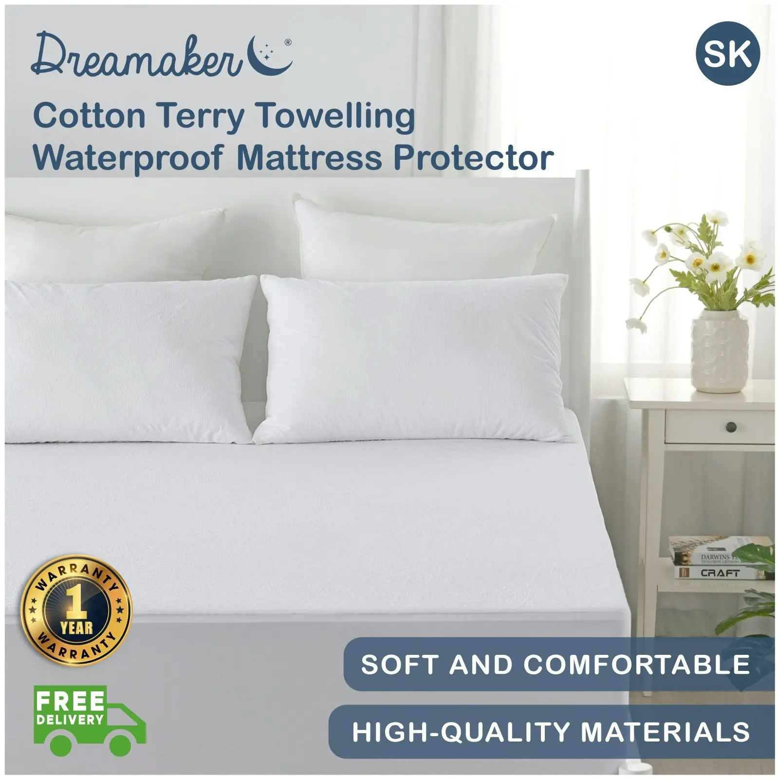 9009222Dreamaker Cotton Terry Towelling Waterproof Mattress Protector SKB