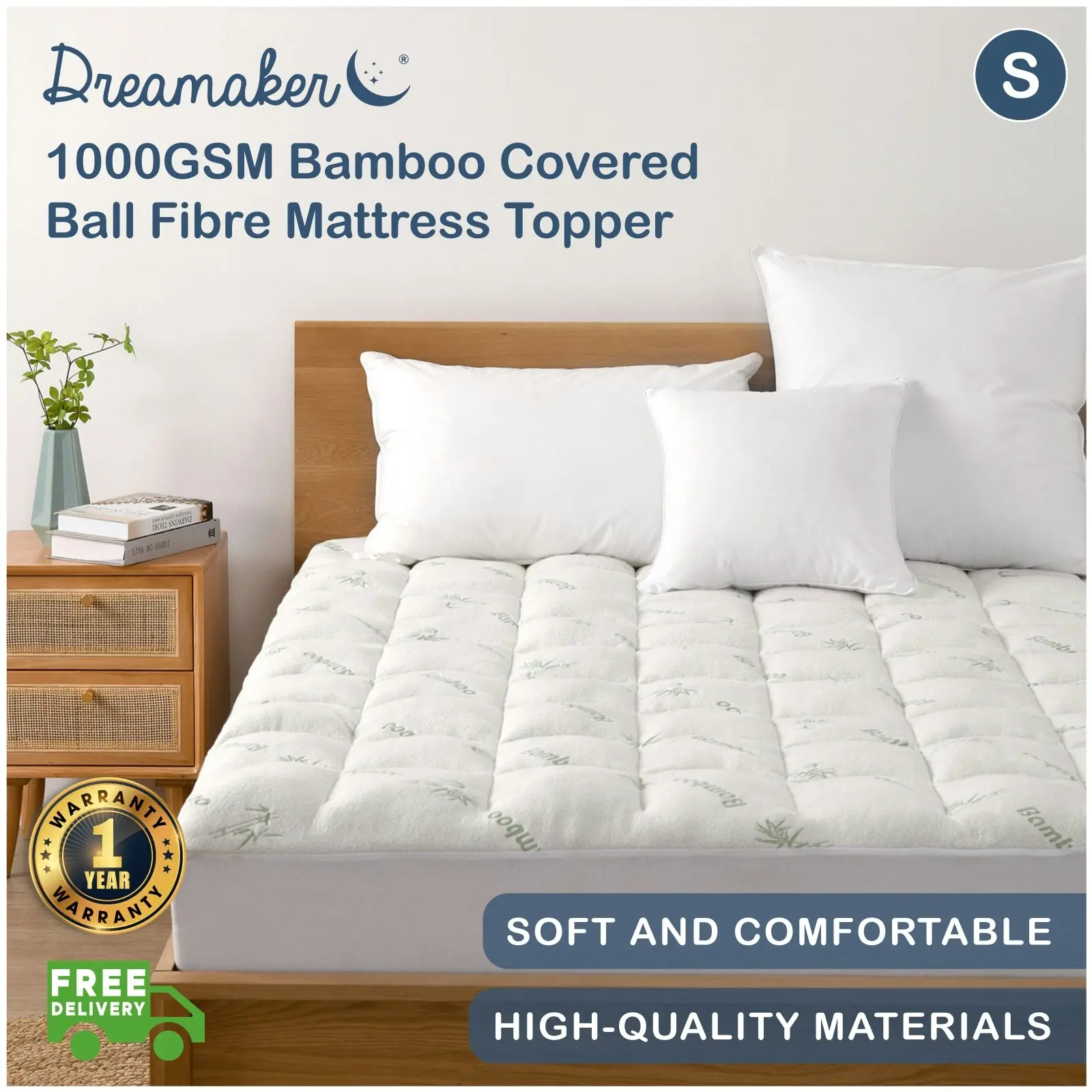 Dreamaker 1000GSM Bamboo Covered Ball Fibre Mattress Topper Single Bed