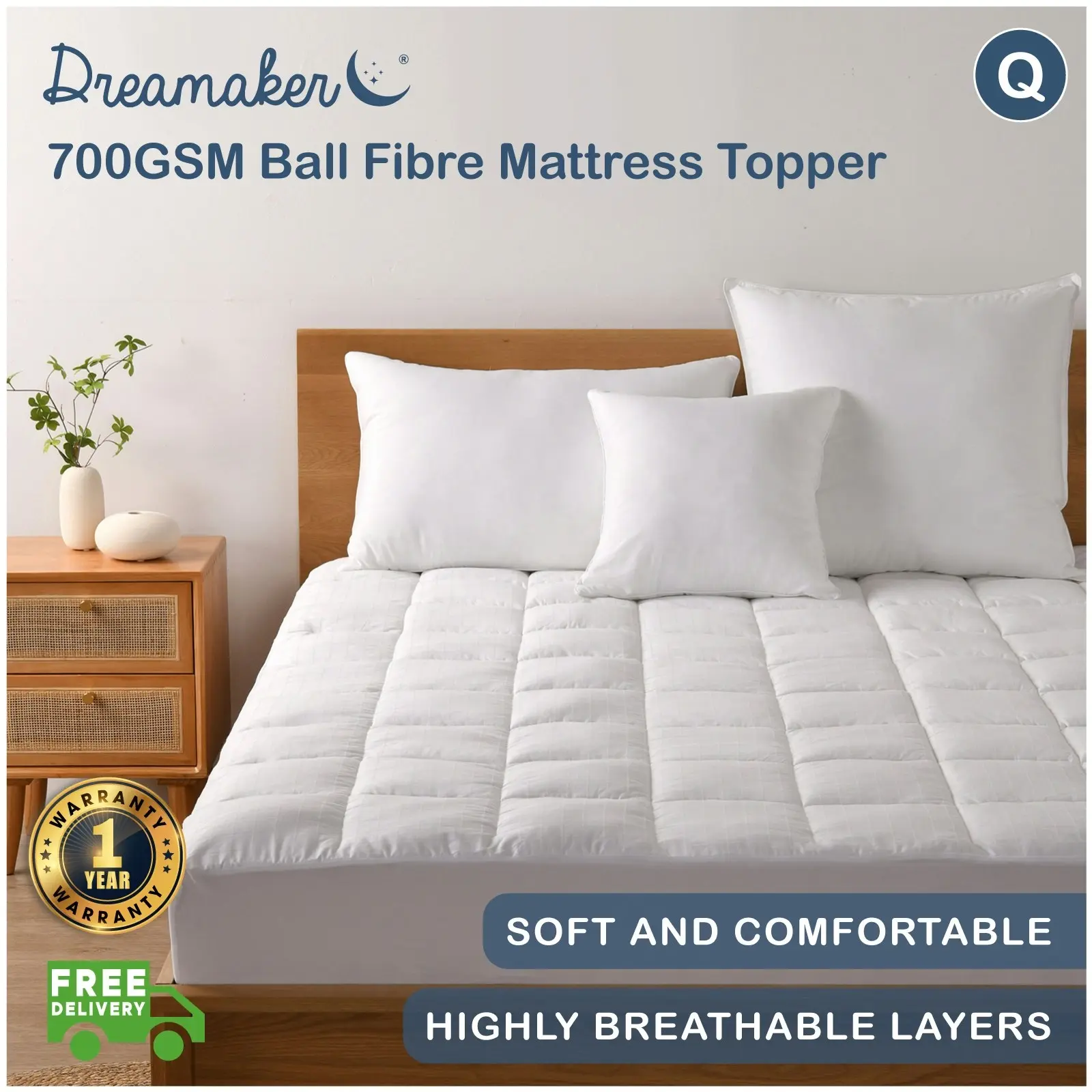 Dreamaker 700GSM Ball Fibre Mattress Topper - Queen Bed