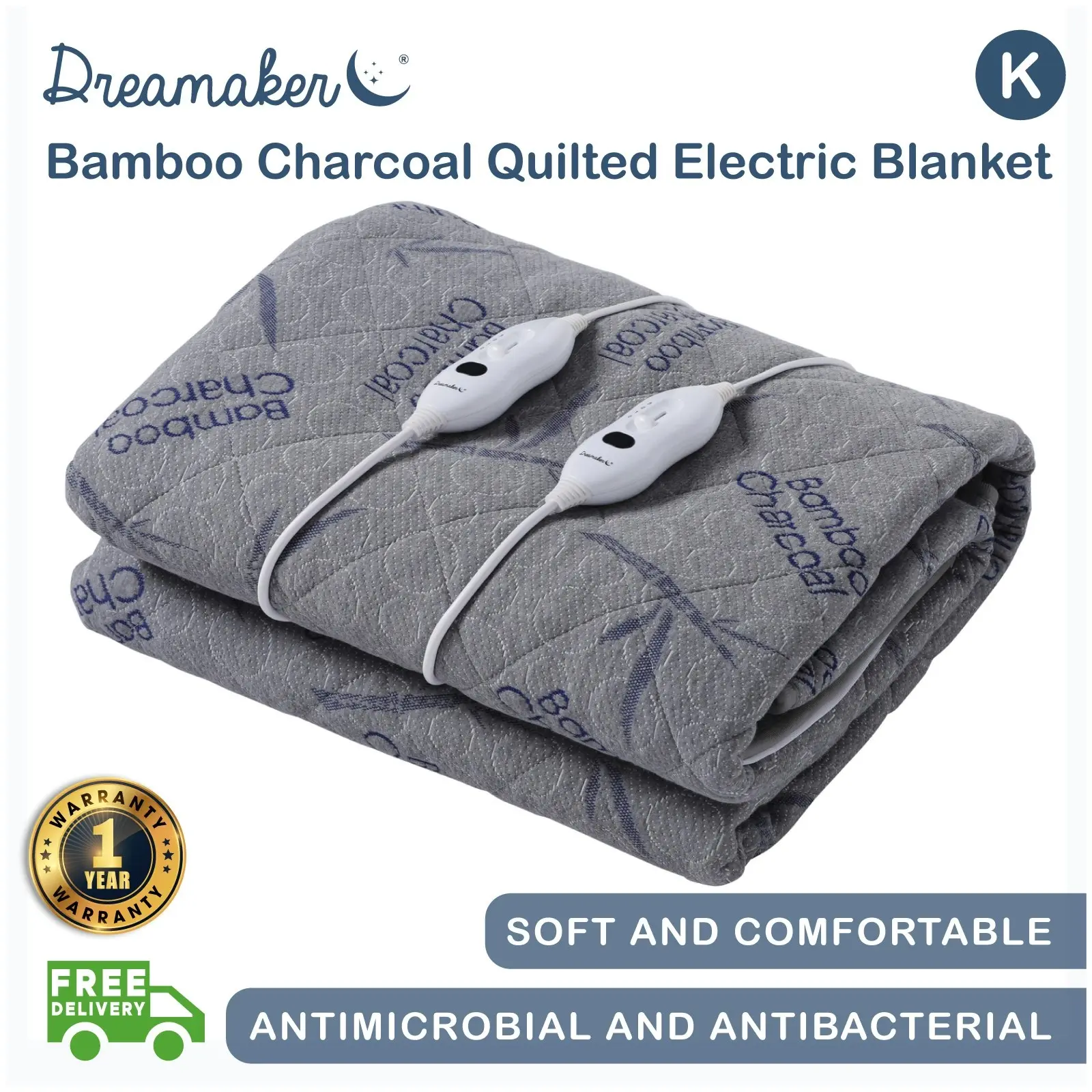 Dreamaker Bamboo Charcoal Quilted Electric Blanket Grey King Bed