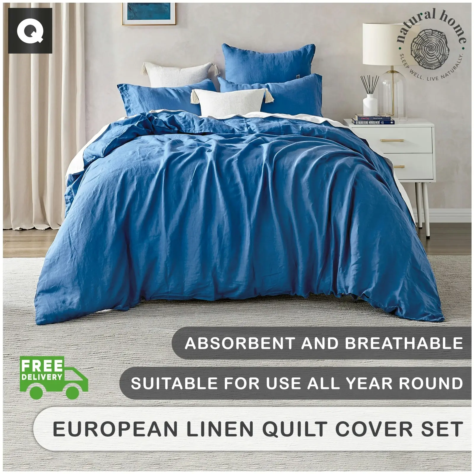 7007237 Natural Home Linen Quilt Cover Set QB DEEP BLUE