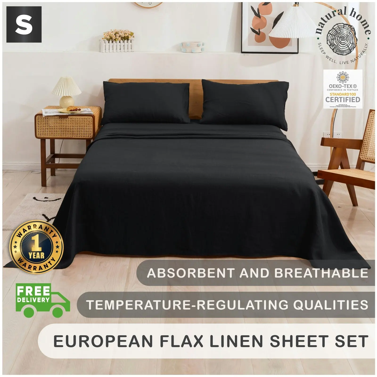 Natural Home 100% European Flax Linen Sheet Set Charcoal Single Bed