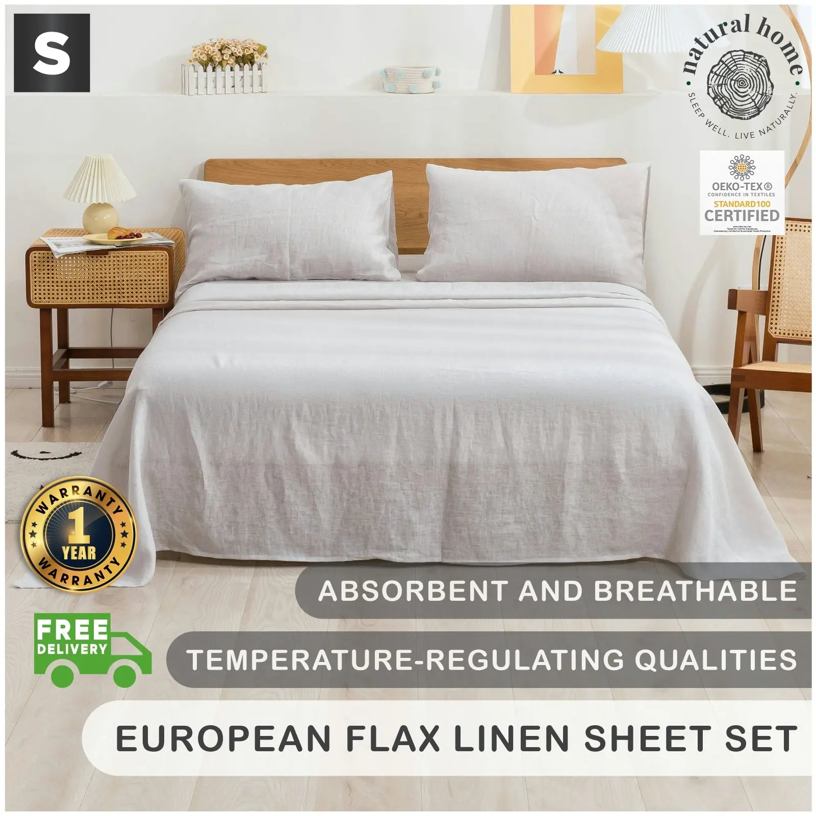 Natural Home 100% European Flax Linen Sheet Set Dove Grey Single Bed