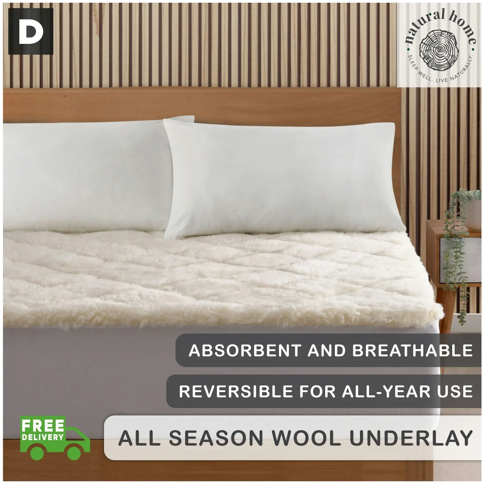 Natural Home All Season Wool Reversible Underlay - White - Double Bed