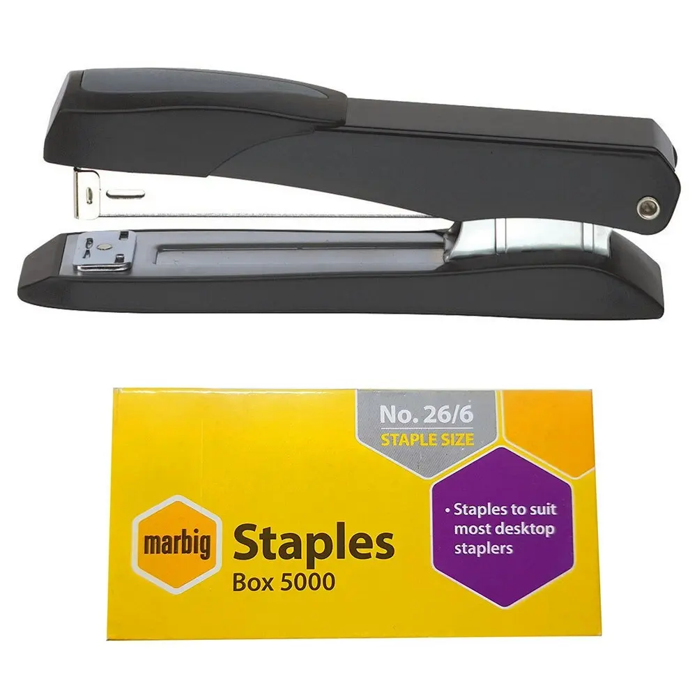 Marbig 20 Sheets Full Strip Metal Stapler & 26/6 Staples Paper Binder Combo BLK