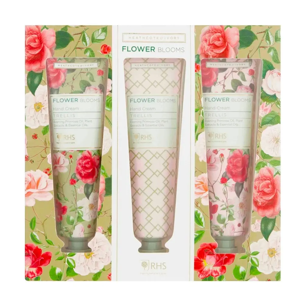 3pc Heathcote & Ivory 30ml RHS Flower Blooms Trellis Hand Cream/Balm Care Set