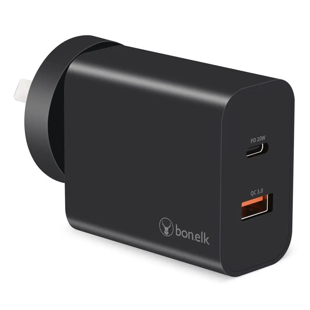 Bonelk AC Wall Charger 20W PD/USB-C 18W/QC USB-A 38W Adapter Plug AU/NZ Black