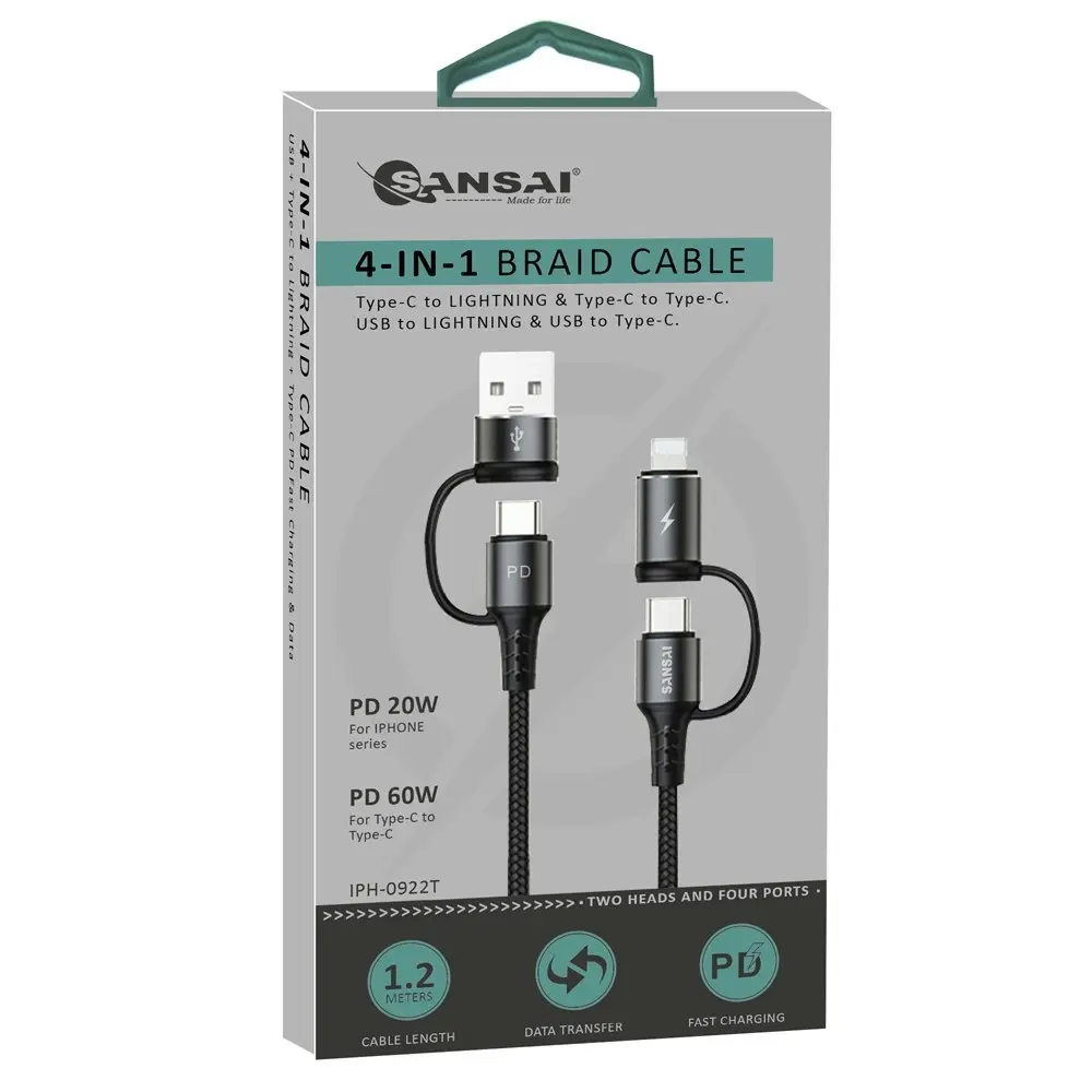 Sansai 4 In 1 Braid USB-A/USB-C/8 Pin PC/Phone Converter Data Cable Assorted