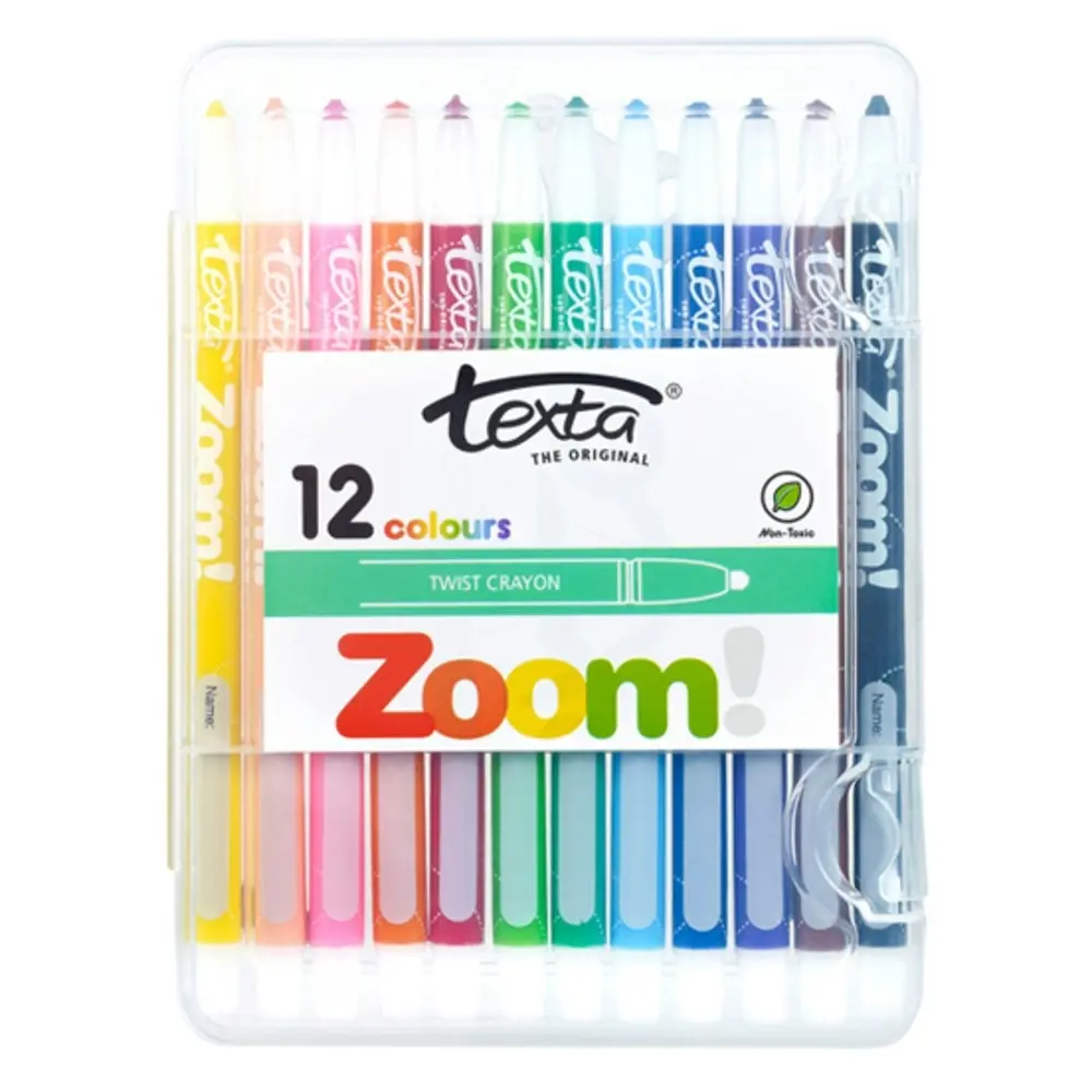 12pc Texta The Original Zoom Kids Non Toxic Twist Colouring Crayons Hard Case