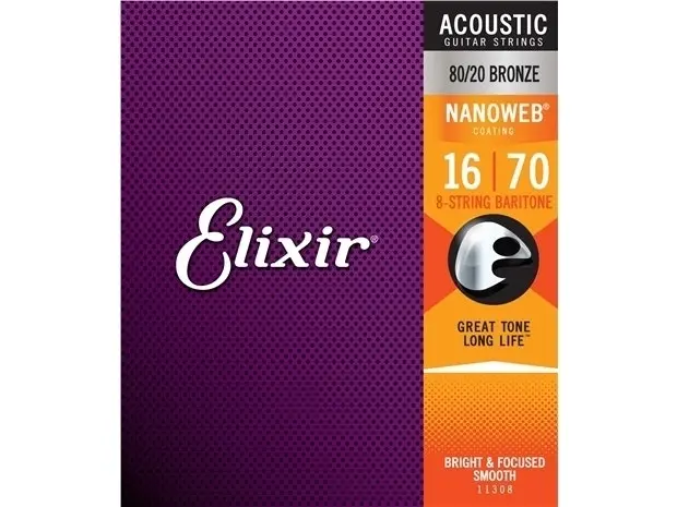 Elixir #11308 Acoustic Nanoweb 8 Guitar String Set 16-70 Baritone 80/20 Bronze