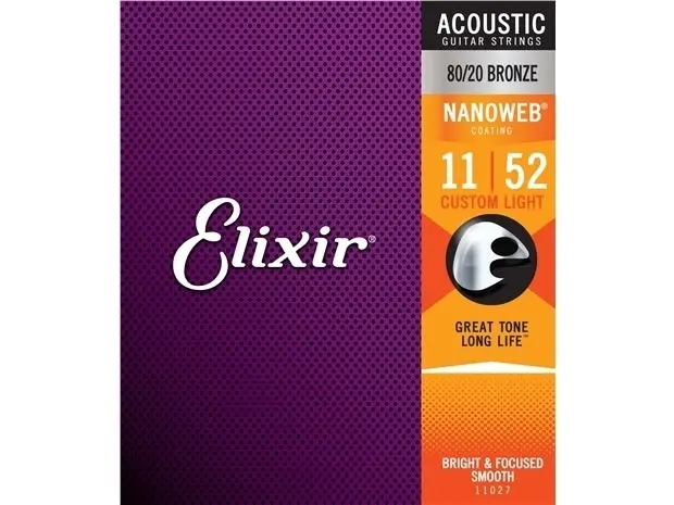 Elixir #11027 Acoustic Nano Guitar String 80/20 Bronze 11-52 Custom Light Gauge