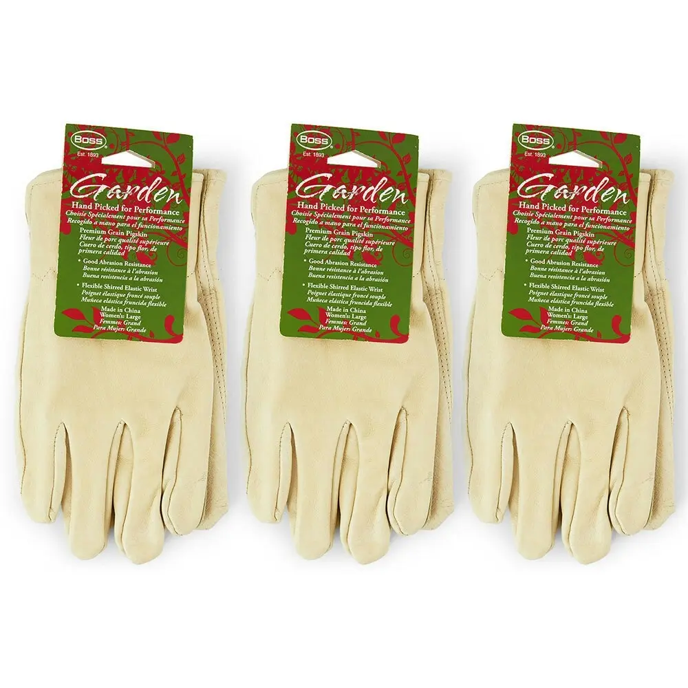 3PK Boss Women's Large Leather Gardening DIY/Multipurpose Gloves W/Shirred Wrist