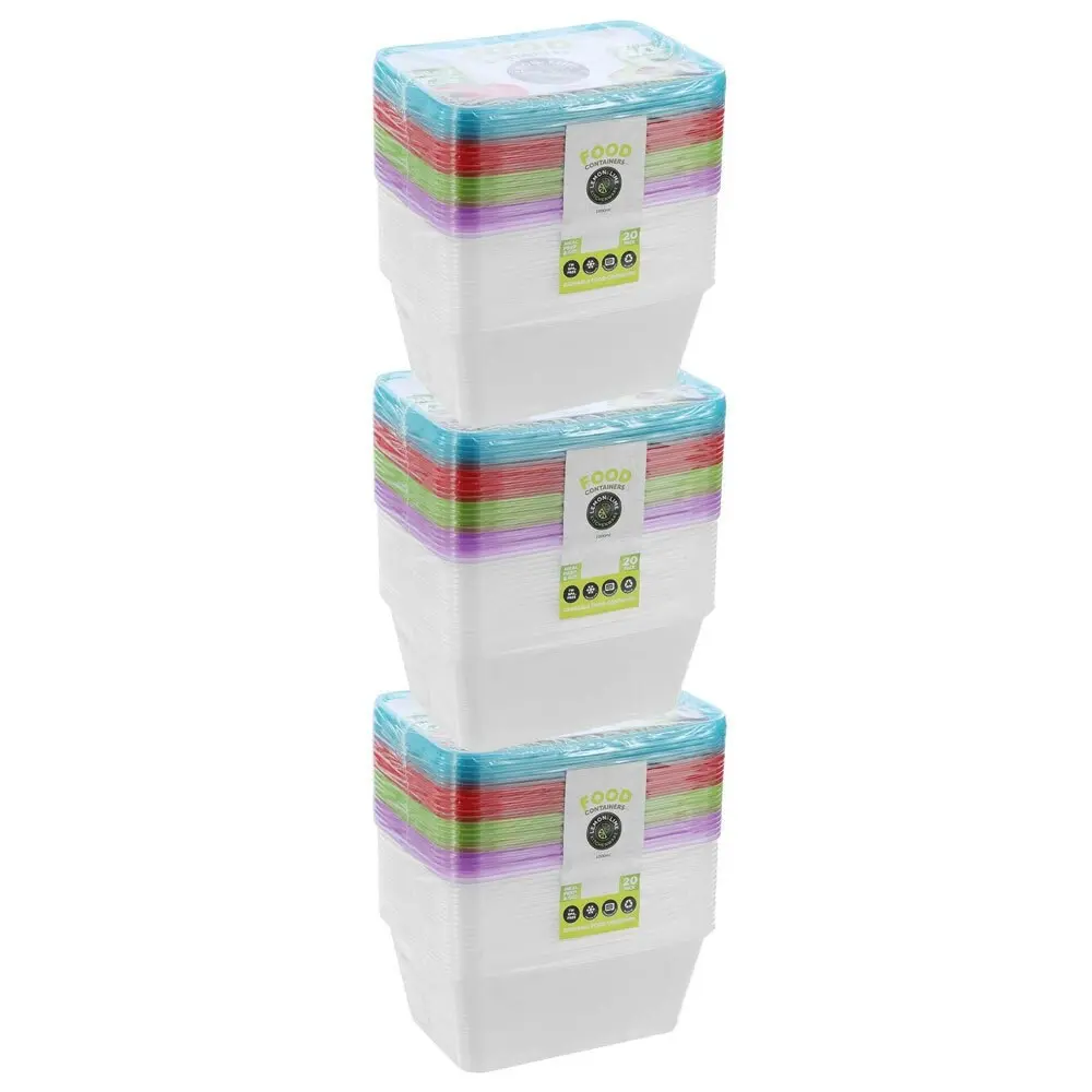 3x 20PK Lemon & Lime Rectangle 1L Reusable Food/Meal Container w/ Coloured Lids