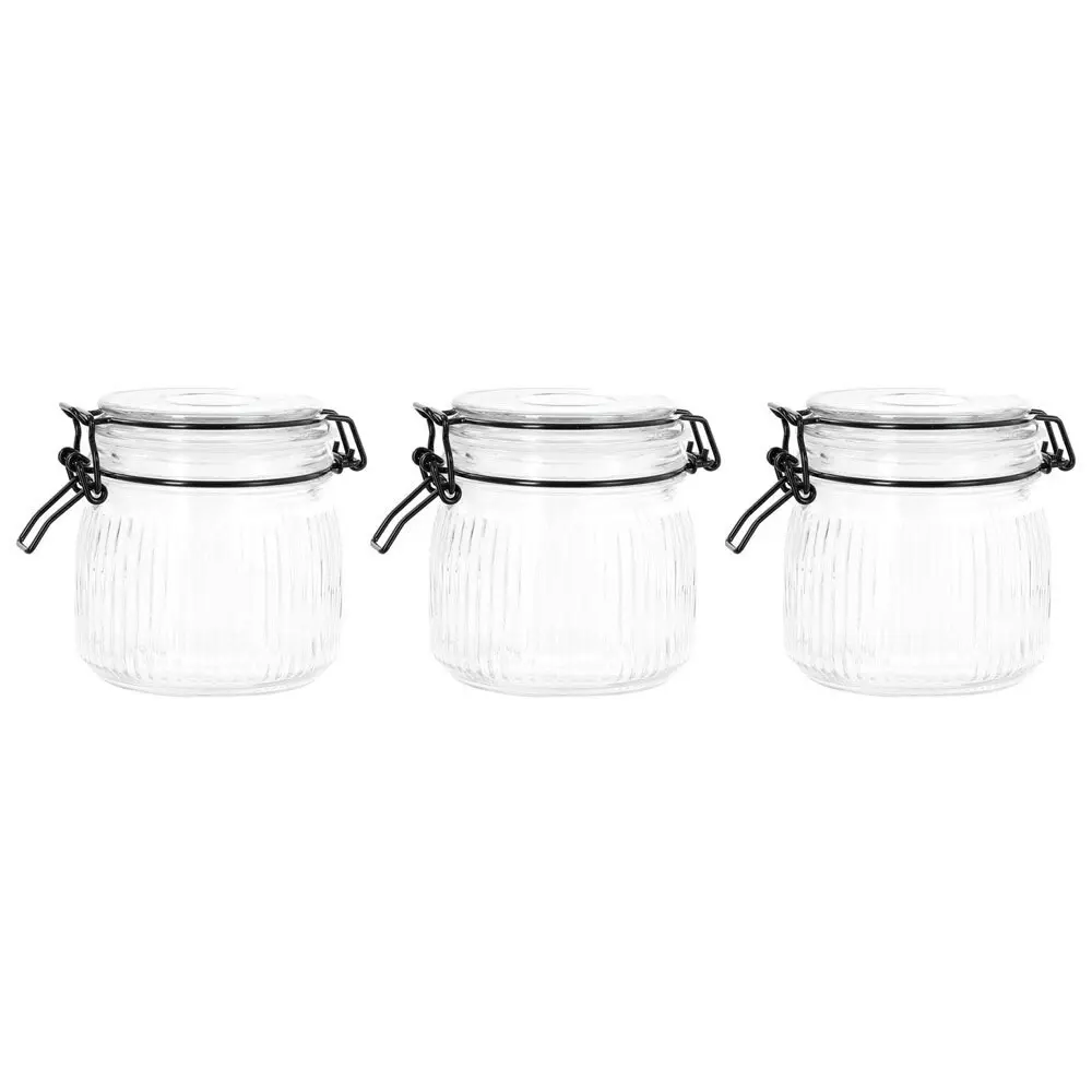 3x Lemon & Lime Fido Stripe 600ml/11cm Glass Clip Jar Canister Container Clear