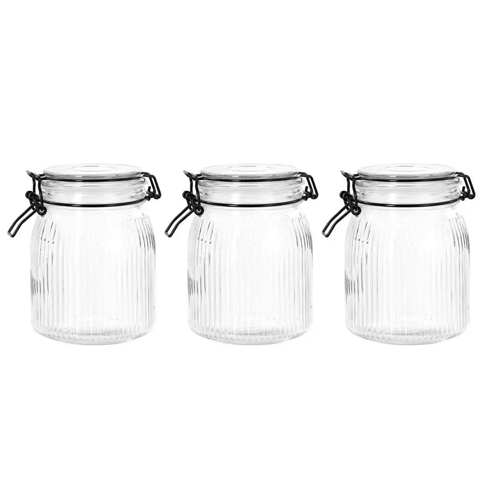 3x Lemon & Lime Fido Stripe 1L/15.5cm Glass Clip Jar Food Canister Container CLR