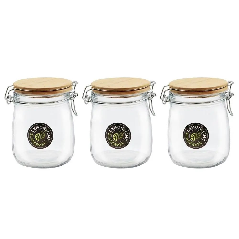 3x Lemon & Lime 730ml/14cm Glass Clip Jar Storage Food Container w/ Wooden Lid