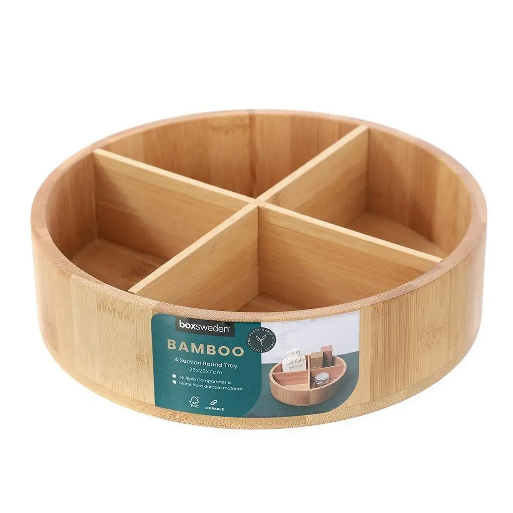 Boxsweden 23cm Bamboo 4-Section Round Turntable Storage Organiser Rotating Tray