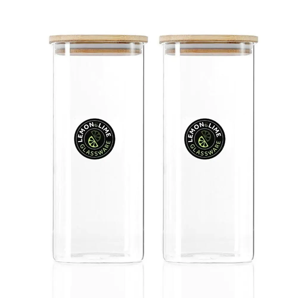 2PK Lemon & Lime Camden Square Glass Jar 1.9L w/ Bamboo Lid Storage Container