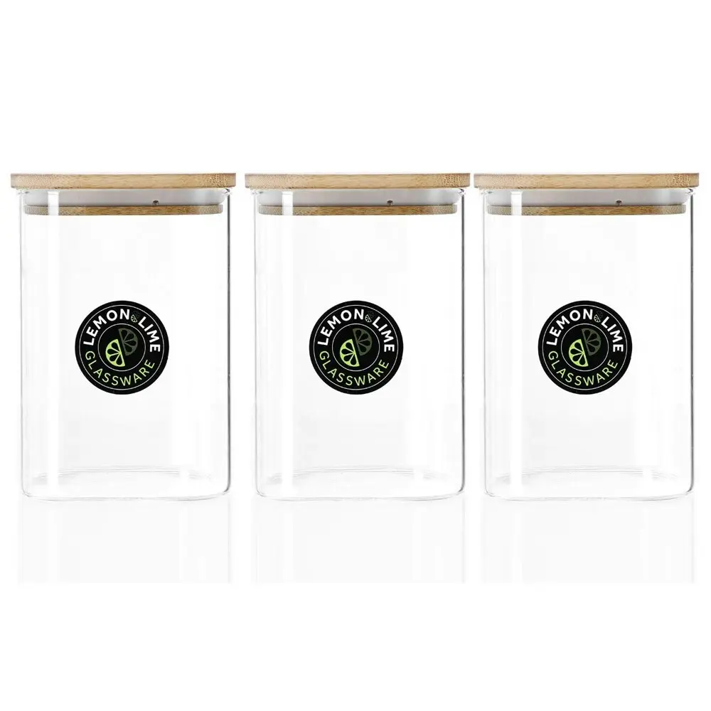 3x Lemon & Lime Camden 1.1L Glass Jar Square Storage Container w/ Bamboo Lid CLR