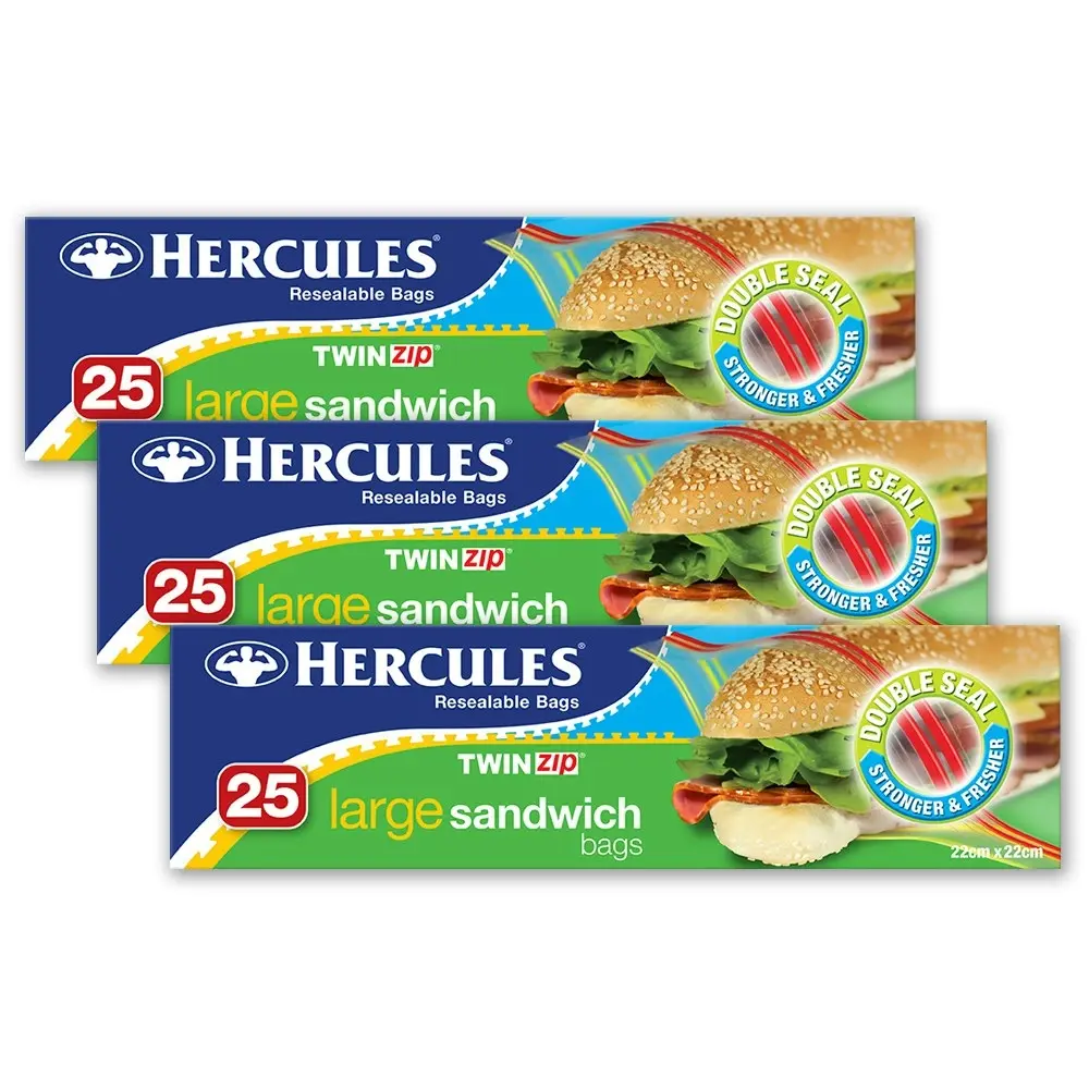 75pc Hercules Twin Zip Resealable Large 22x22cm Food Storage Sandwich Bag