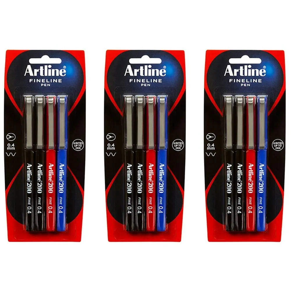 3x 4pc Artline Fineline 200 Fine 0.4mm Width School Drawing Assorted Writing Pen