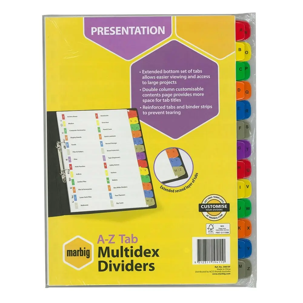 Marbig A-Z Tab Manilla Multidex A4 Divider/Index Office/School Stationery Binder