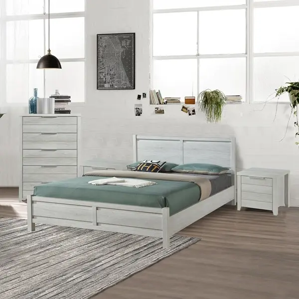 4 Pieces Bedroom Suite Natural Wood Like MDF Structure Queen Size White Ash Colour Bed, Bedside Table & Tallboy