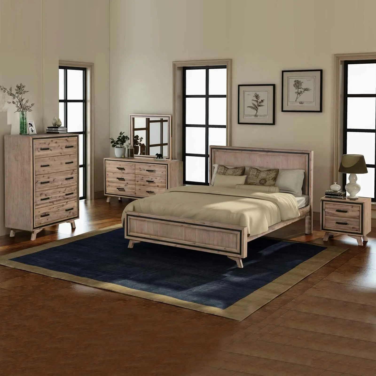 5 Pieces Bedroom Suite King Size Silver Brush in Acacia Wood Construction Bed, Bedside Table, Tallboy & Dresser