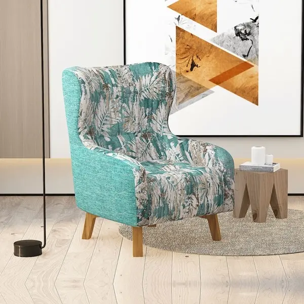 Armchair High back Lounge Accent Chair Designer Printed Fabric On Seat Upholstery with Wooden Leg