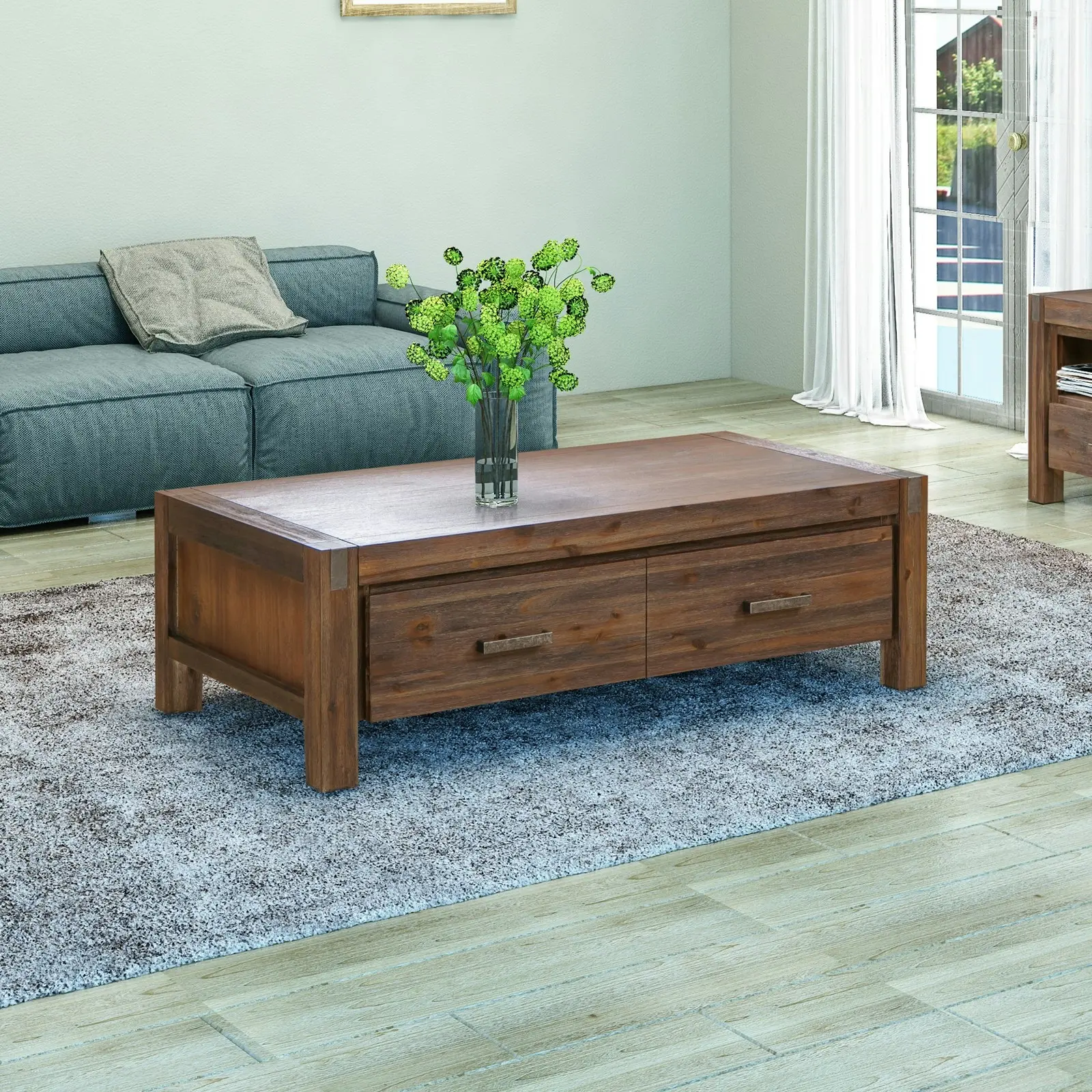 Coffee Table Solid Acacia Wood & Veneer 1 Drawers Storage Oak Colour