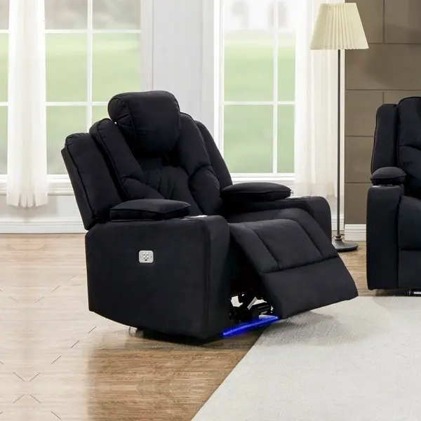 Electric Recliner Stylish Rhino Fabric Black 1 Seater Lounge Armchair with LED Features