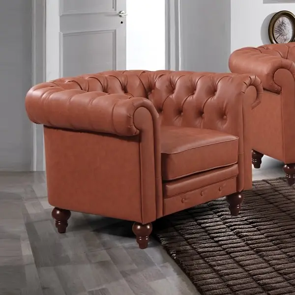 Single Seater Brown Sofa Armchair for Lounge Chesterfireld Style Button Tufted in Faux Leather