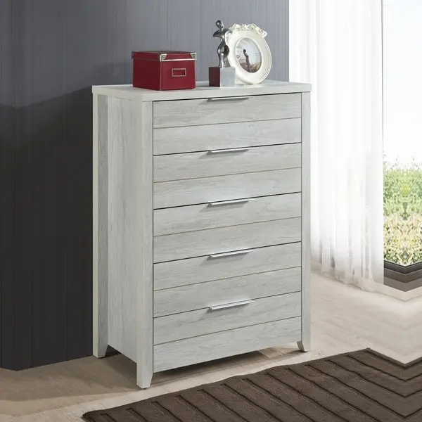 Tallboy with 5 Storage Drawers Natural Wood like MDF in White Ash Colour