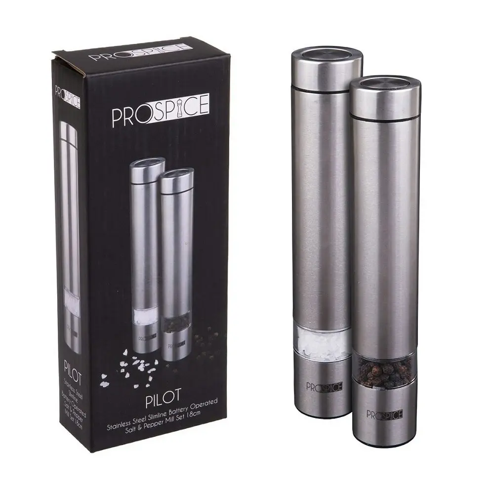 Prospice PILOT STAINLESS STEEL BATTERY OPERATED SALT & PEPPER MILL SET 18cm