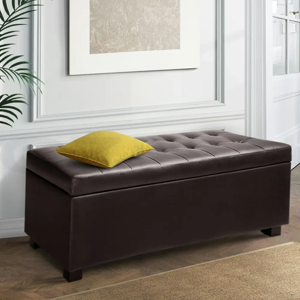 Artiss Storage Ottoman Blanket Box 97cm Leather Brown