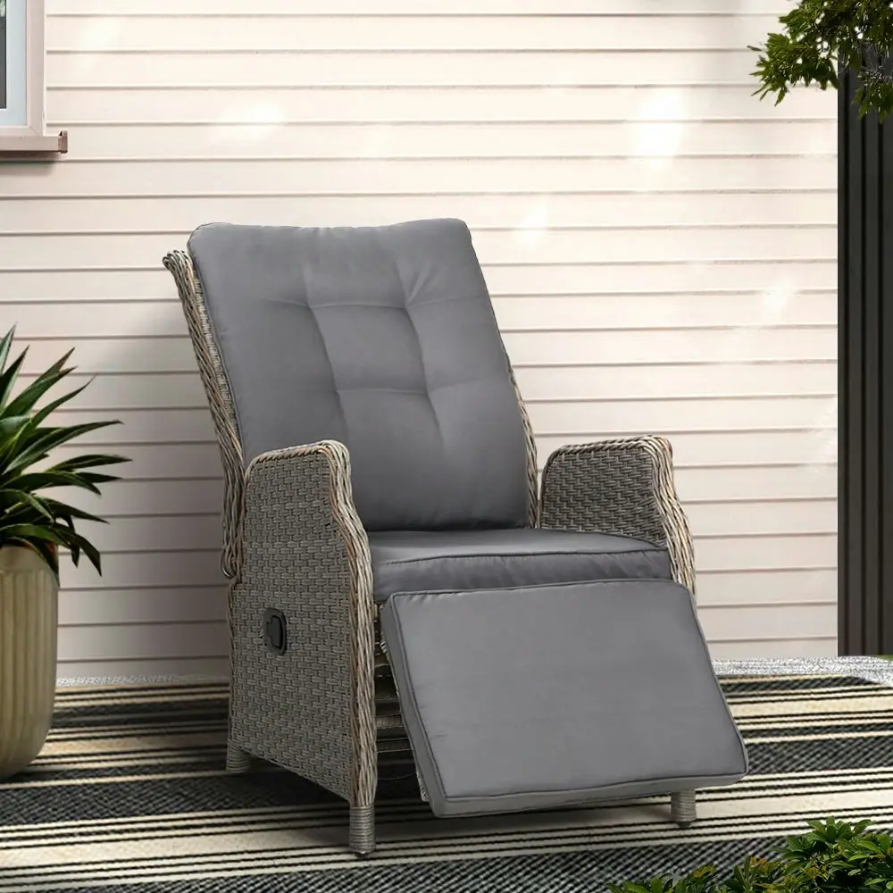 Gardeon Recliner Chairs Sun lounge Wicker Lounger Outdoor Furniture Patio Adjustable Grey