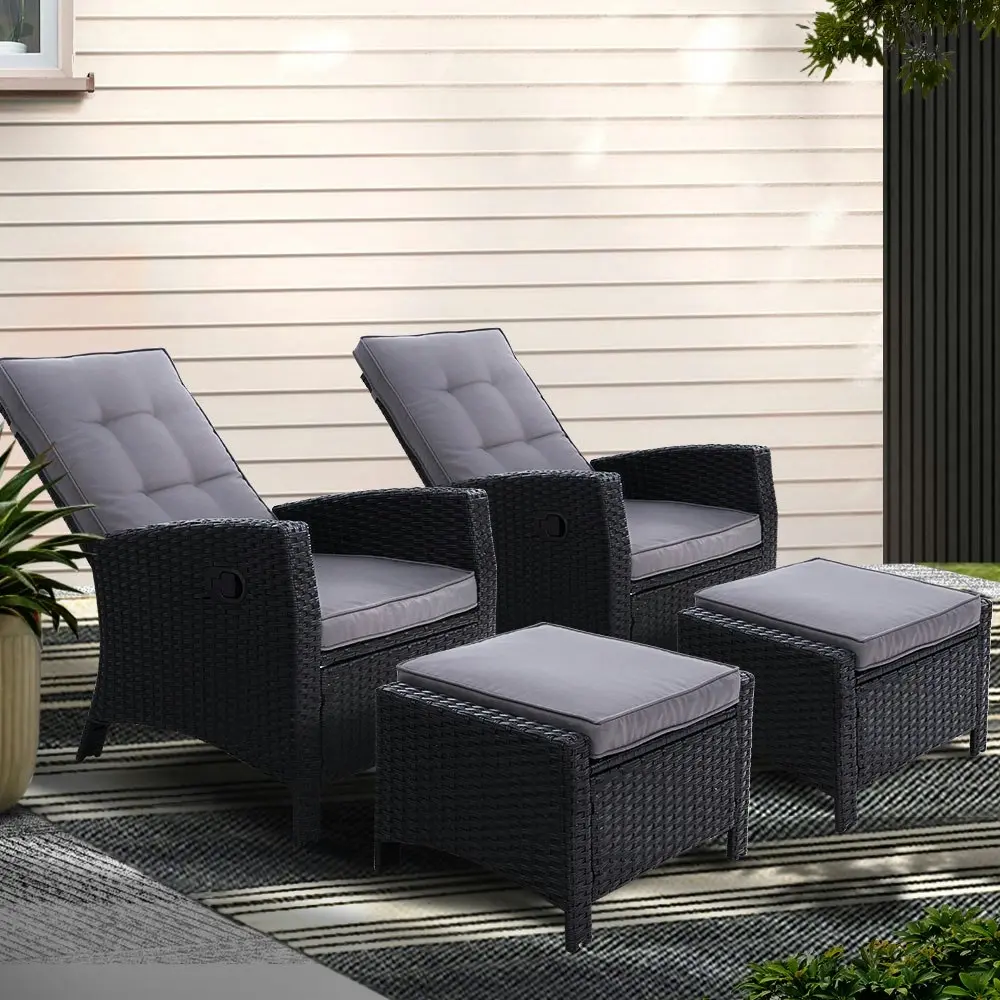 Gardeon 2PC Recliner Chairs Sun lounge Wicker Outdoor Furniture Adjustable Black