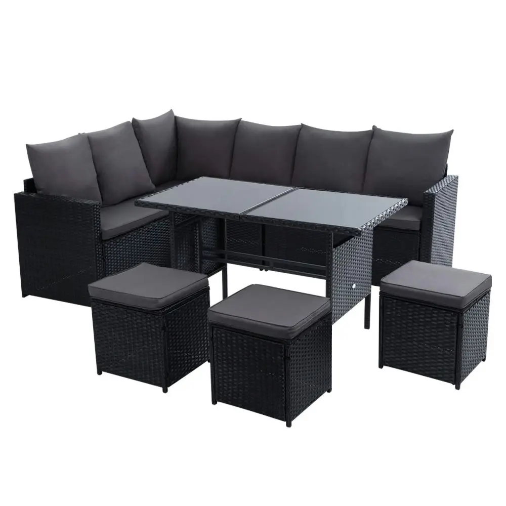 Gardeon Outdoor Dining Set Sofa Lounge Setting Chairs Table Ottoman Lawn Black