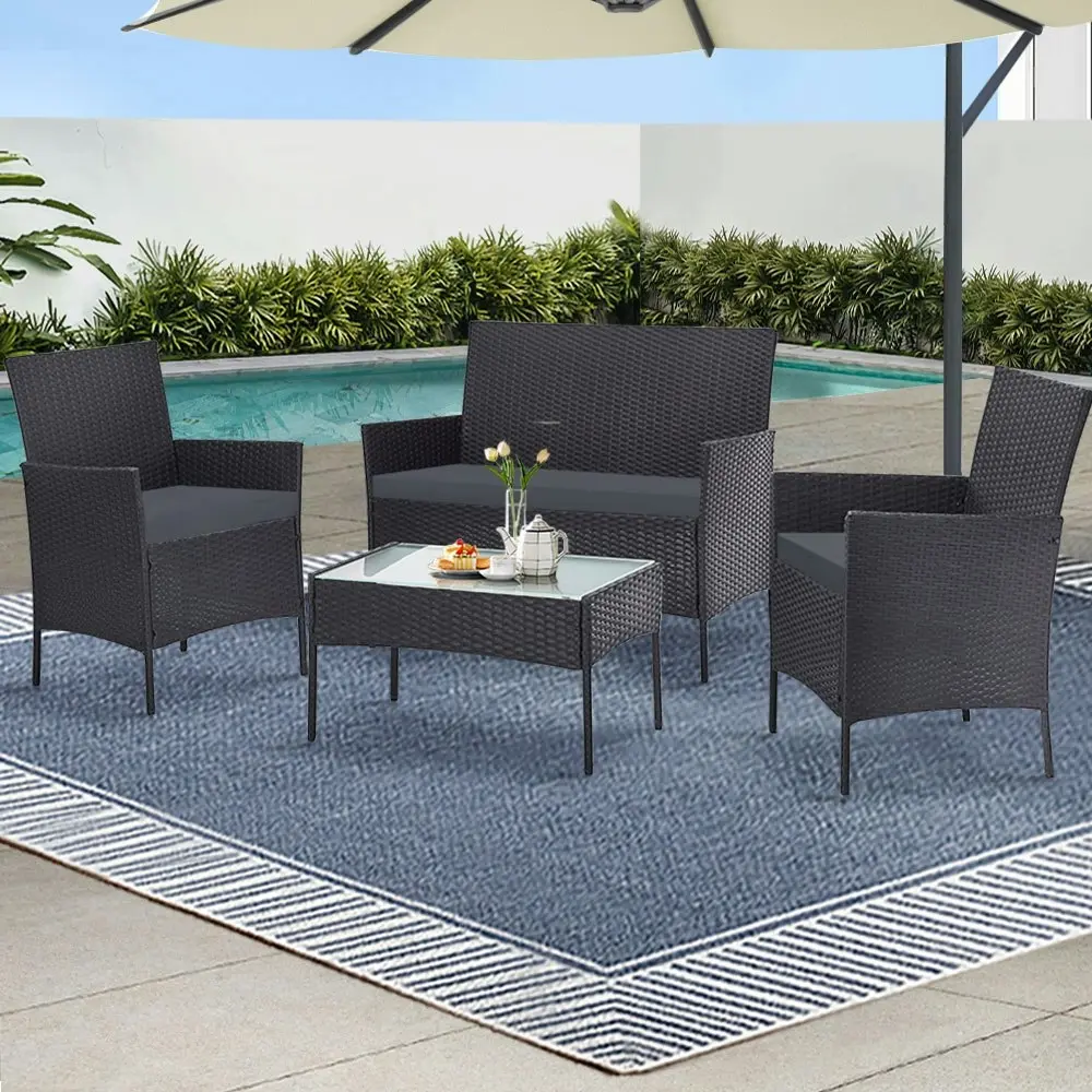 Gardeon 4 Seater Outdoor Sofa Set Wicker Setting Table Chair Furniture Dark Grey