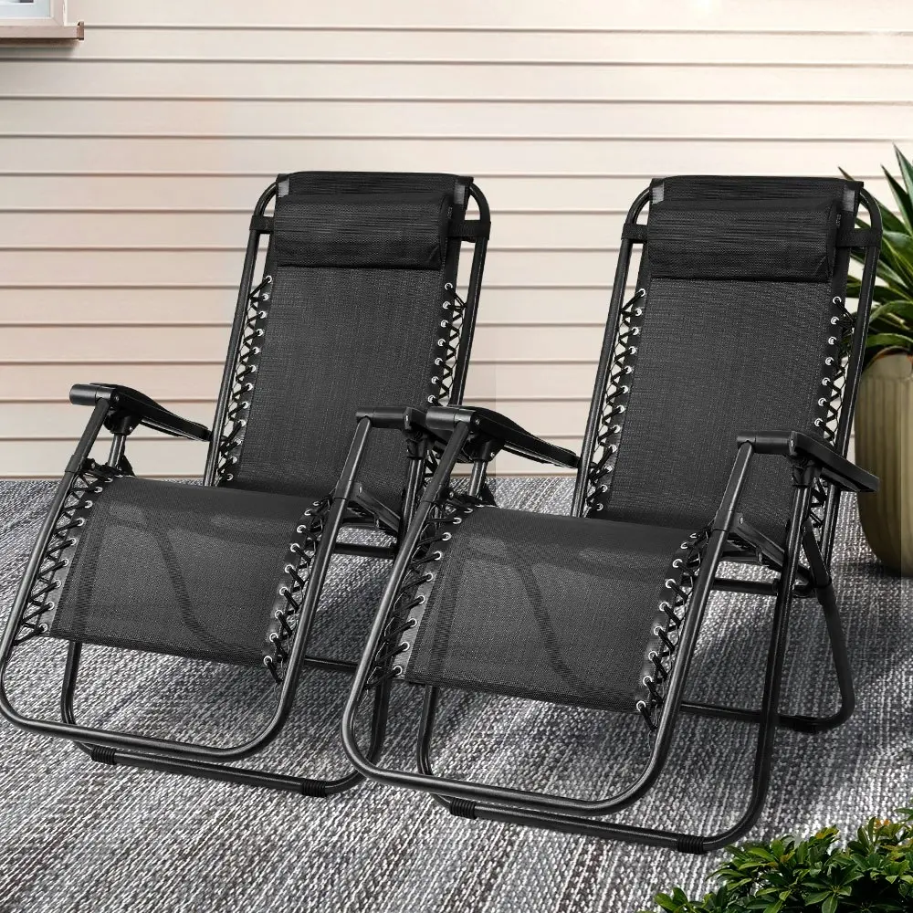 Gardeon 2PC Zero Gravity Chair Folding Outdoor Recliner Adjustable Sun Lounge Camping Black