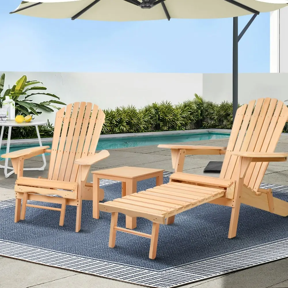 Gardeon 3PC Adirondack Outdoor Table and Chairs? Wooden Sun Lounge Beach Patio Natural