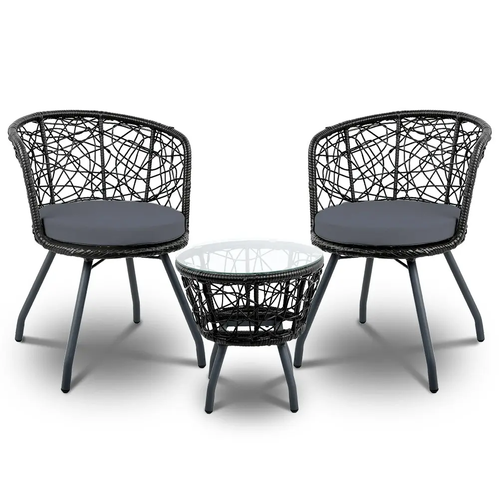 Gardeon 3PC Bistro Set Outdoor Furniture Rattan Table Chairs Patio Garden Cushion Black